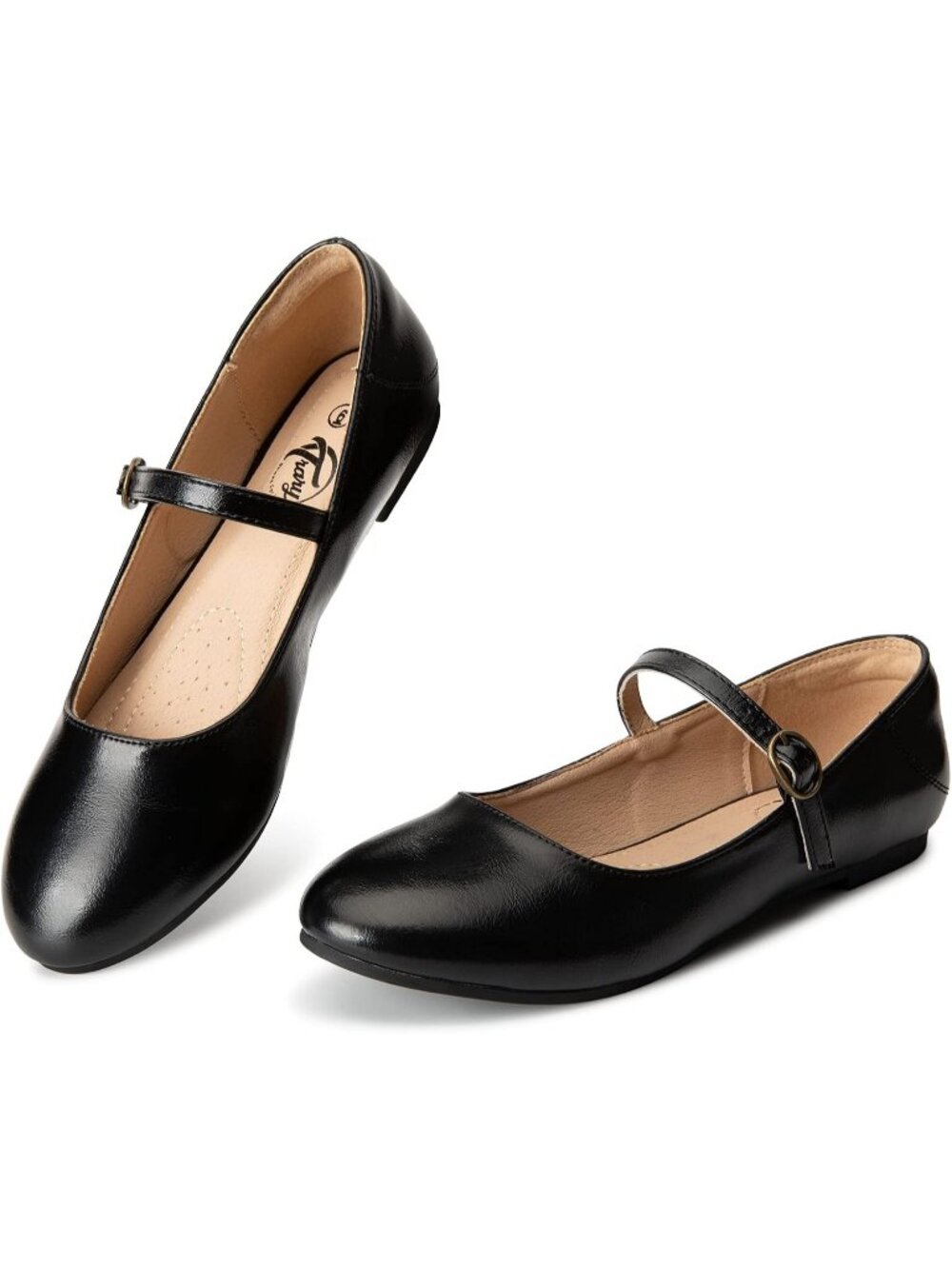 Women's Black Ballet Flats Round Toe Comfort Straps Memory Foam Dressy Shoes